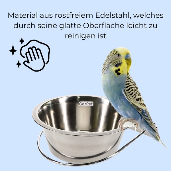 Edelstahlnapf mit GarPet Logo und Wellensittich