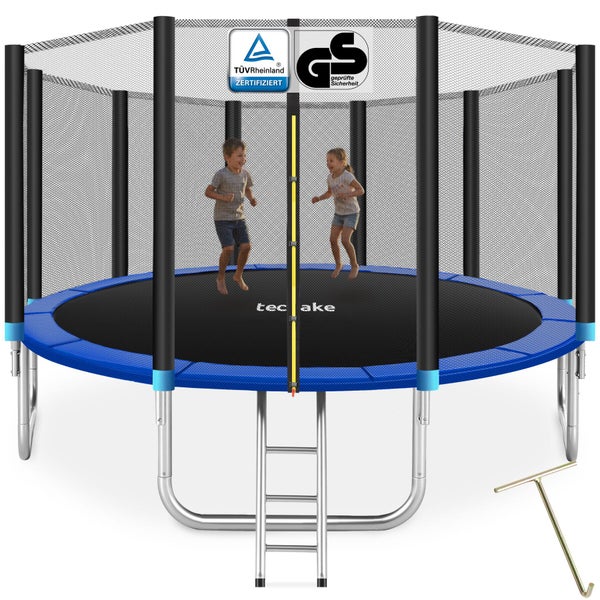 Blaues Gartentrampolin mit Sicherheitsnetz, Leiter und zwei Kindern. TÜV Rheinland zertifiziert und Geprüfte Sicherheit. TecTake Logo.
