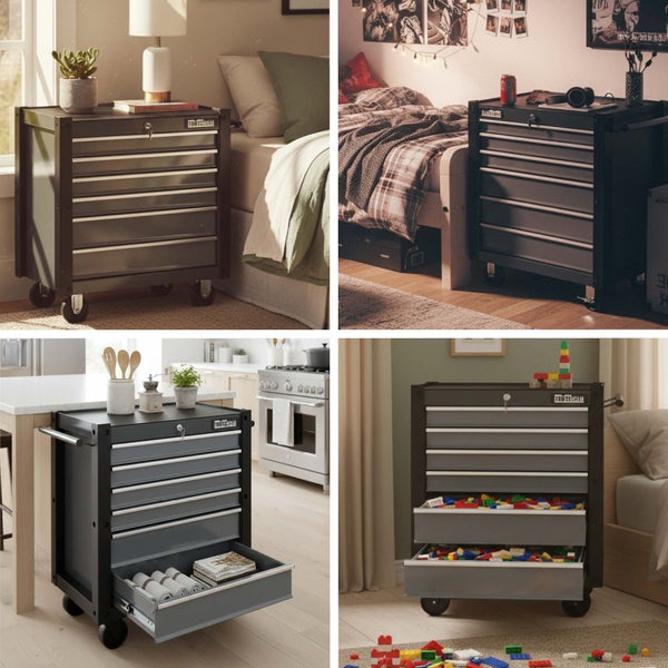 Mehrere Ansichten eines grauen Werkzeugwagens mit Schubladen in verschiedenen Wohnräumen.