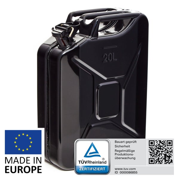 BW® Kraftstoffkanister Metall Benzinkanister 20 Liter - Schwarz - RAL 9005 - TÜV-geprüft und UN-Zulassung - Made in Europe