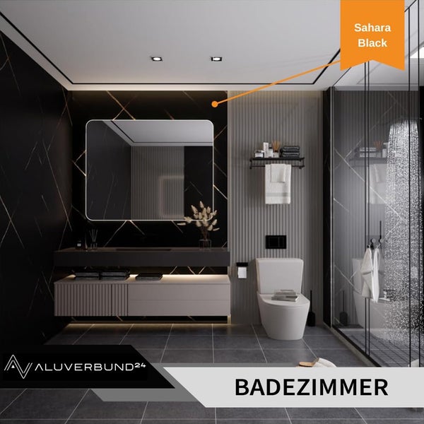 Modernes Badezimmer mit Waschbecken, Spiegel, Toilette und Dusche