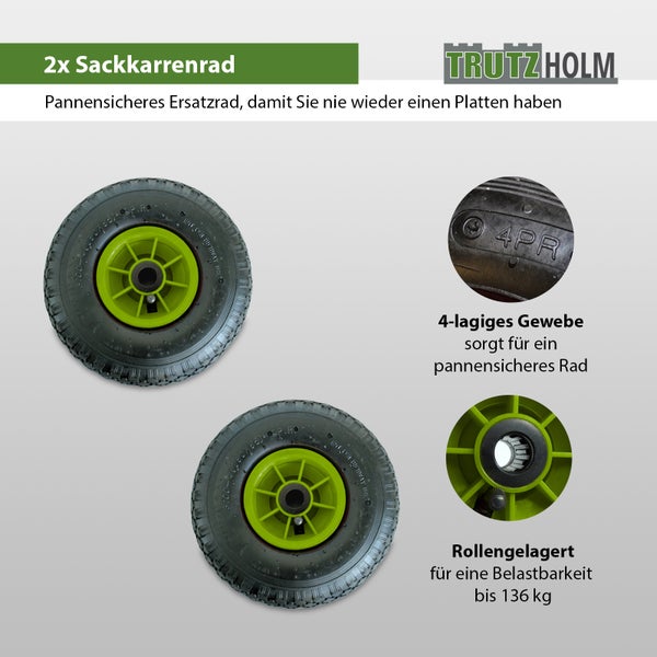 Zwei pannensichere Sackkarrenräder mit Rollenlager für eine Belastbarkeit bis 136 kg