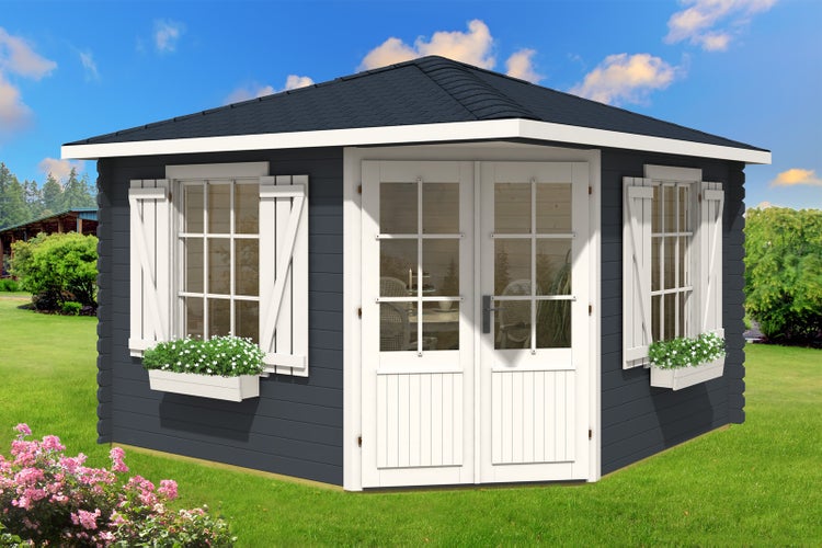 Alpholz 5-Eck Gartenhaus Monica Royal Gartenhaus aus Holz in Pinie, Holzhaus mit 28 mm Wandstärke, Blockbohlenhaus mit Montagematerial imprägniert 3,5x3,5m