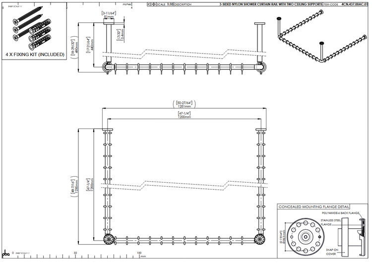 Technische Zeichnung einer 3-seitigen Duschvorhangstange aus Nylon mit zwei Deckenstützen, inklusive Maßen in Millimeter und Befestigungsmaterial.