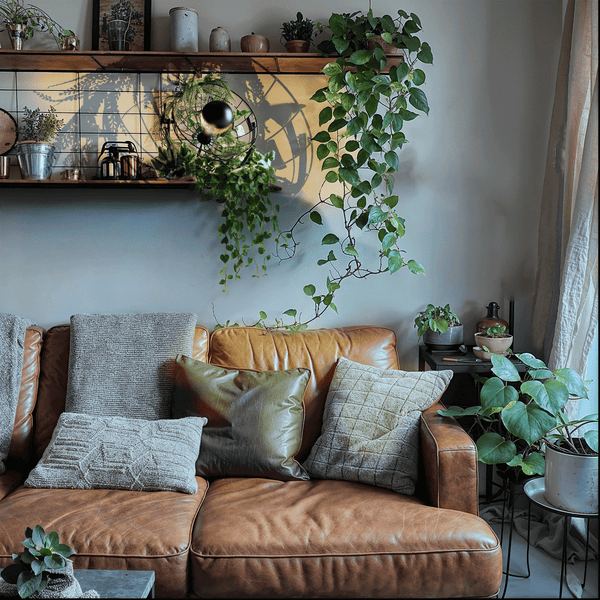 Wohnzimmer mit Ledersofa, Kissen, Regalen und Zimmerpflanzen für eine gemütliche Atmosphäre.