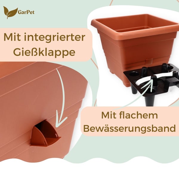 GarPet Logo. Pflanzkasten mit integrierter Gießklappe und flachem Bewässerungsband.