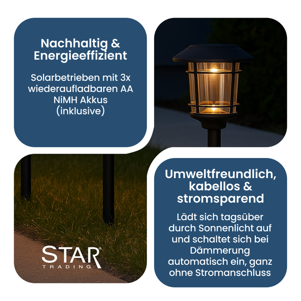 Solarlampe mit Hinweisen zu Nachhaltigkeit, Energieeffizienz, Umweltfreundlichkeit, Kabellosigkeit und Stromsparen