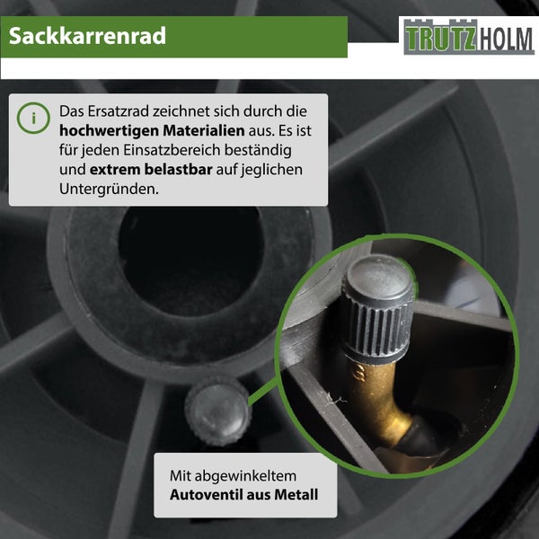 Trutzholm Sackkarrenrad mit Kunststofffelge und abgewinkeltem Metall Autoventil für hohe Belastungen.
