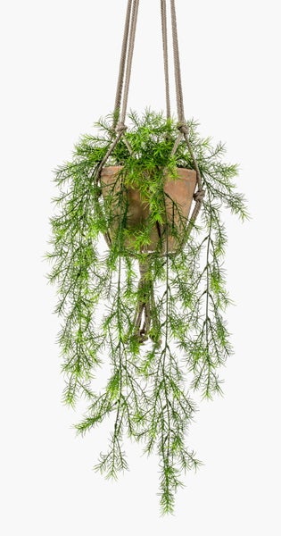 Künstliche Hängepflanze mit feinen grünen Zweigen und nadelartigen Blättern.
