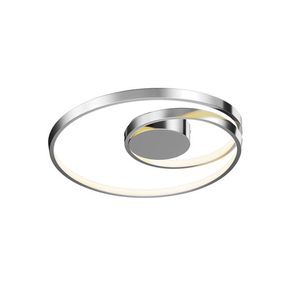 Moderne LED-Deckenleuchte aus verchromtem Metall in Form von zwei ineinander verschlungenen Ringen.