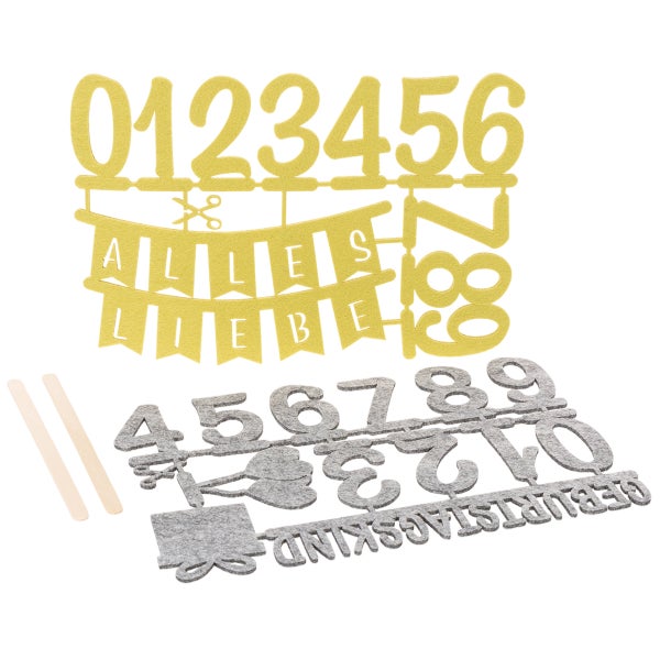 Tortenstecker-Set aus Filz mit Zahlen von null bis neun, Banner Alles Liebe, Luftballons, Geschenk, Wort Geburtstagskind und Holzstäben.