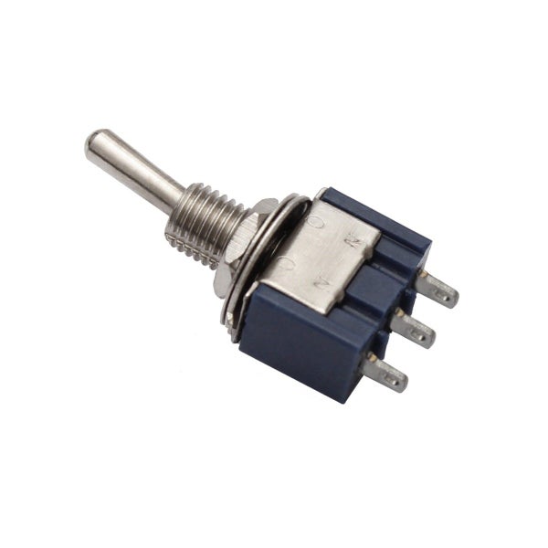 Kippschalter mit Metallhebel, blauem Kunststoffgehäuse und drei Anschlüssen für Einbaumontage.