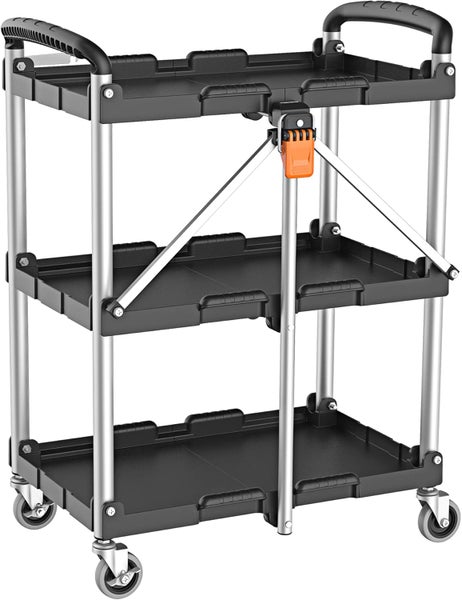 Klappbarer Servierwagen mit drei schwarzen Etagen, silbernem Aluminiumgestell, Handgriffen und Lenkrollen.