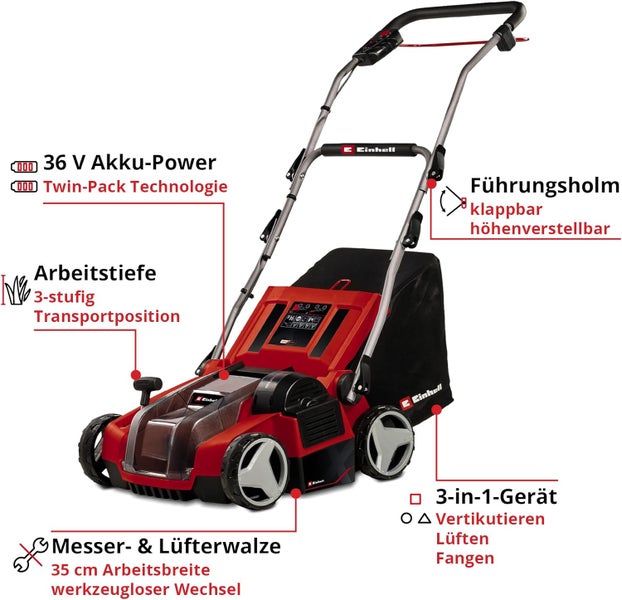 Einhell 3-in-1 Akkumulator-Vertikutierer-Lüfter, 36 Volt, 3-stufige Arbeitstiefe, 35 Zentimeter Arbeitsbreite, verstellbarer Führungsholm.