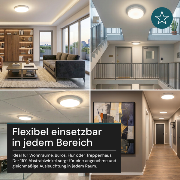 Collage aus Wohnzimmer, Treppenhaus, Büro und Flur mit runden LED-Deckenleuchten für gleichmäßige Ausleuchtung mit 110 Grad Abstrahlwinkel.