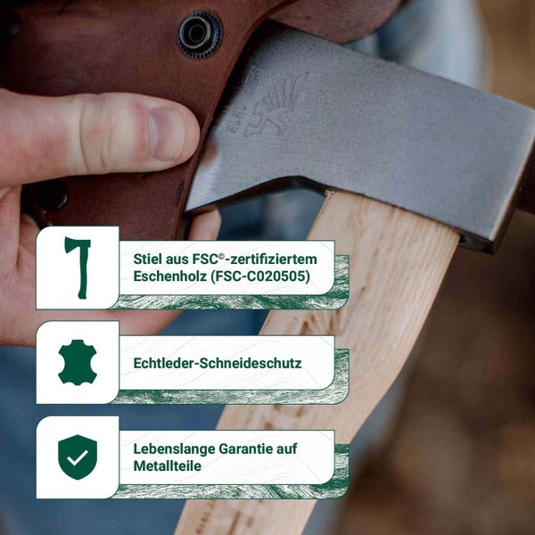 Axtkopf mit Lederscheide und Informationen zum Eschenholzstiel sowie Garantie auf Metallteile