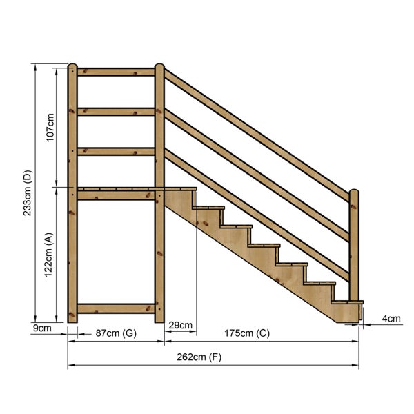 Technische Zeichnung einer Holztreppe mit Maßen.