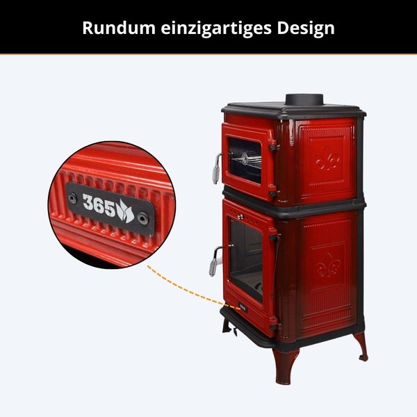 Roter Kaminofen mit integriertem Backofen, Sichtfenstern und dekorativen Mustern. Detailansicht der Plakette 365.