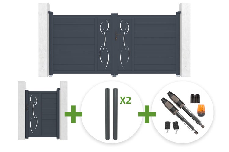 Set aus zweiflügeligem Einfahrtstor, Pforte, zwei Pfosten und elektrischem Torantrieb mit Fernbedienungen und Warnleuchte.