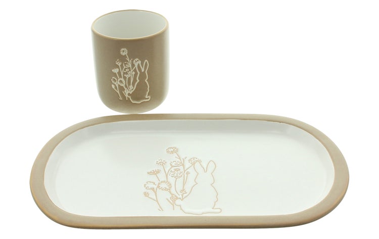 FRANK FLECHTWAREN|Geschirrset Frühlingshäschen, 2tlg., Teller 26 x 15 cm, Becher Ø 7 x 8 cm, Füllmenge ca. 200 ml, KERAMIK