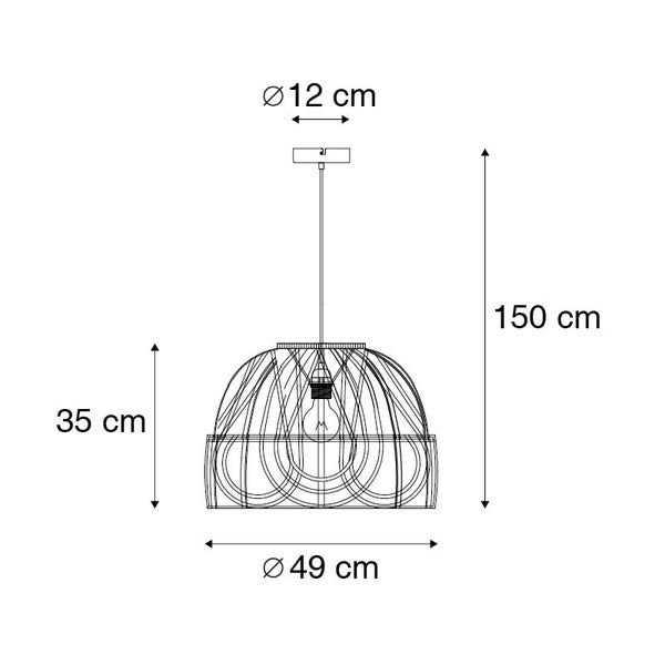 Technische Zeichnung einer Pendelleuchte mit den Maßen 49 Zentimeter Durchmesser, 35 Zentimeter Höhe und 150 Zentimeter maximaler Abhängung