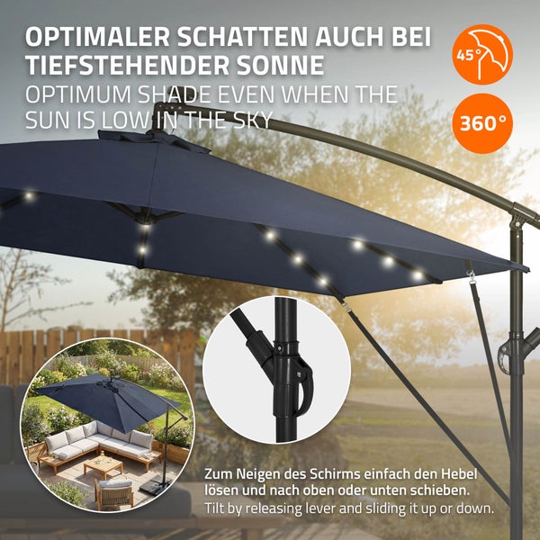 Ampelschirm mit LED Beleuchtung und Neigefunktion für optimalen Schatten bei tiefstehender Sonne, inklusive Hebel zur Höhenverstellung.