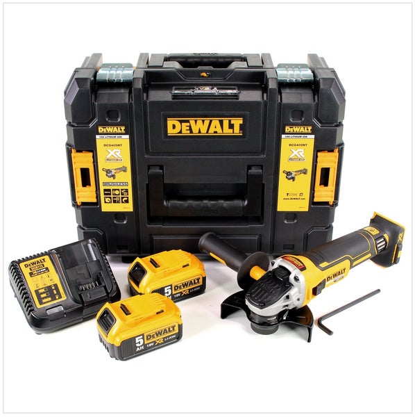 DeWalt 18V Akku-Winkelschleifer-Set mit zwei 5,0 Ah Akkus, Ladegerät und TSTAK Werkzeugkoffer.