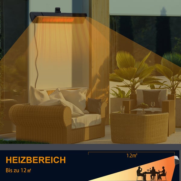 Terrasse mit Infrarot-Heizstrahler und Sitzmöbeln