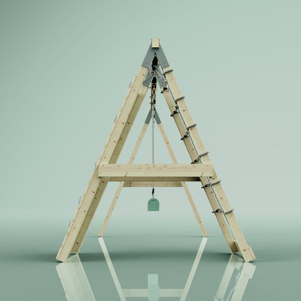 Klettergerüst aus Holz in A-Form mit Kletterwand, Strickleiter und Seilzug für Kinder.