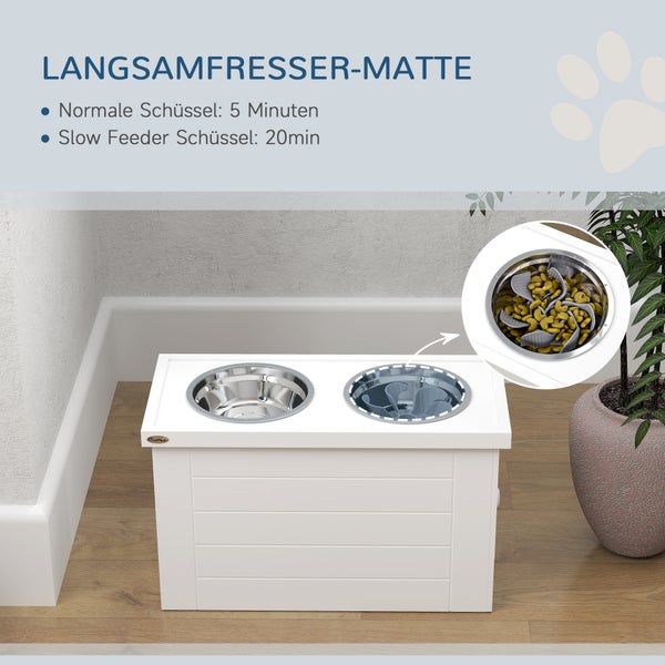 PawHut 2-in-1 Erhöhter Hundenapf Höhenverstellbar Futternapf mit Ständer Stauraum 2 x 2L Edelstahlnäpfen Langsamfuttermatte Fressnapf Futterstation Hundenäpfe für Große Hunde Katzen Weiß