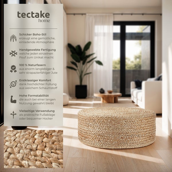 Handgefertigter Pouf tectake Banno Elipse 58 x 22 cm, Belastbarkeit 150 kg Boho-Stil beige