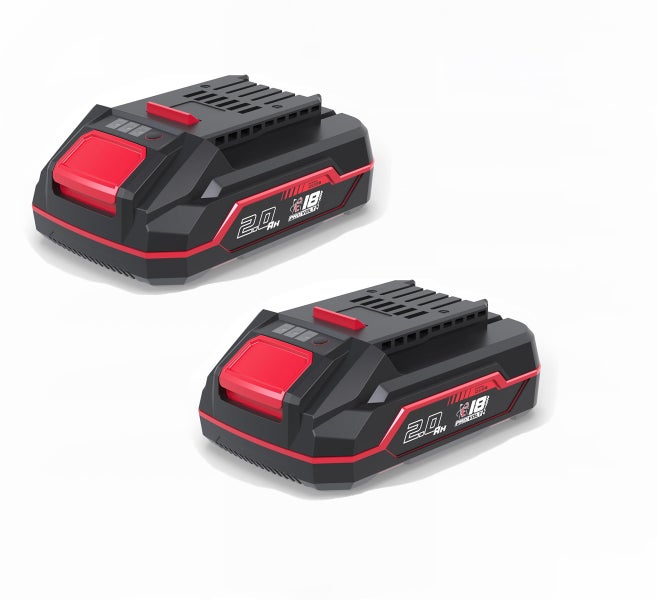 Zwei Güde 18 Volt Lithium-Ionen-Akkus mit 2,0 Amperestunden Kapazität.