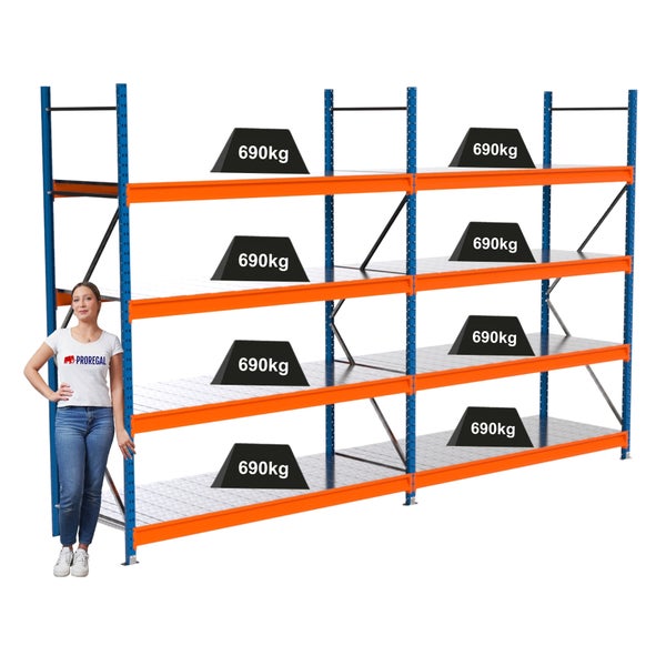 Stahlregal mit vier Ebenen und einer maximalen Traglast von 690 Kilogramm pro Ebene.