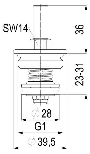Technische Zeichnung Ablaufventil: Schlüsselweite 14, Höhe 36 Millimeter, Bereich 23 bis 31 Millimeter, Durchmesser 28 und 39,5 Millimeter, G1.