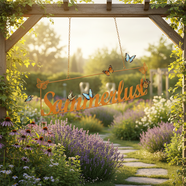 Gartenschild aus Metall mit dem Schriftzug Sommerlust in Rostoptik, verziert mit Schmetterlingen, aufgehängt an einer Pergola im Garten.