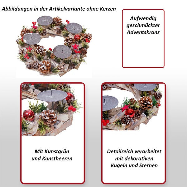 Adventskranz mit Kunstgrün, Kunstbeeren, dekorativen Kugeln und Sternen ohne Kerzen
