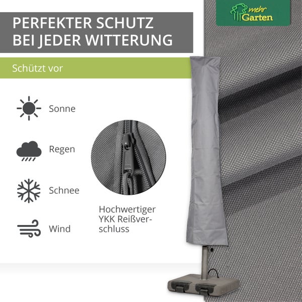Mehr Garten - Premium Sonnenschirm-Abdeckhaube: 220 (H) x 30/55 (B) cm I Geeignet für Schirm rund bis Ø400 cm I Schutzhülle für Sonnenschirme, wasserdicht & wetterfest (Oxford 600D Gewebe), Lichtgrau
