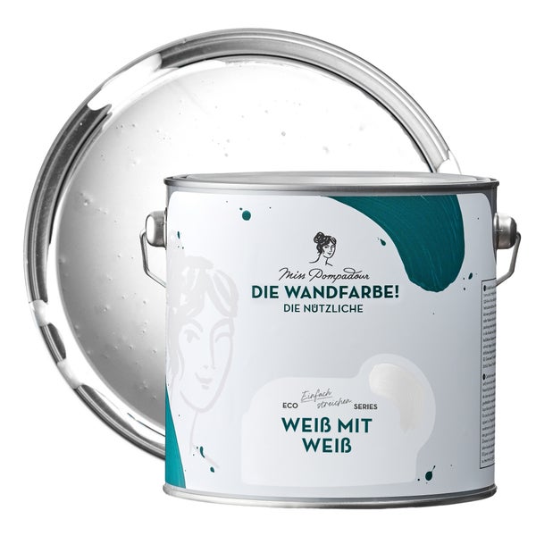 MissPompadour abwaschbare Wandfarbe 2.5L Weiß mit Weiß - hohe Deckkraft und Ergiebigkeit - matte, scheuerbeständige Innenfarbe - geruchsarm, wasserbasiert, atmungsaktiv - Die Nützliche