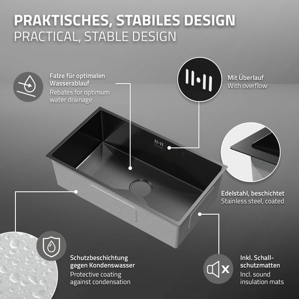 ML-Design XXL Spülbecken Edelstahl 70x40 cm Anthrazit, Küchenspüle eckig, 1 Becken Einbauspüle Unterbauspüle Edelstahlspüle mit Ab- und Überlaufgarnitur Einzelbecken mit Siphon Waschbecken Küche Spüle