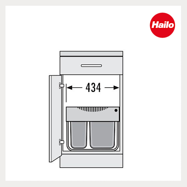 Technische Zeichnung eines Hailo Abfalltrennsystems im Schrank mit einer Innenbreite von 434 Millimetern. Hailo Logo.