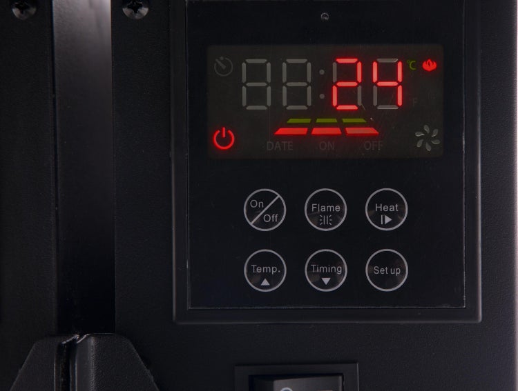 Nahaufnahme der Bedienelemente eines Heizgeräts mit digitaler Anzeige und Tasten für Temperatur, Timing und Setup