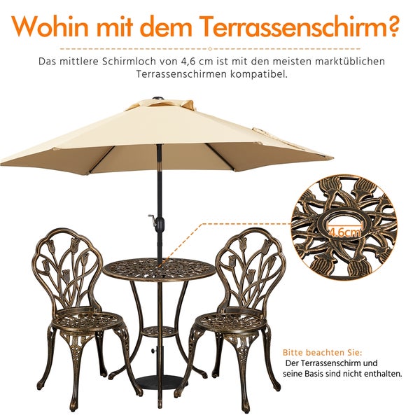 Dreiteilige Garten-Sitzgruppe aus bronzefarbenem Aluminiumguss mit Tisch, zwei Stühlen und einer Schirmöffnung von 4,6 Zentimeter.