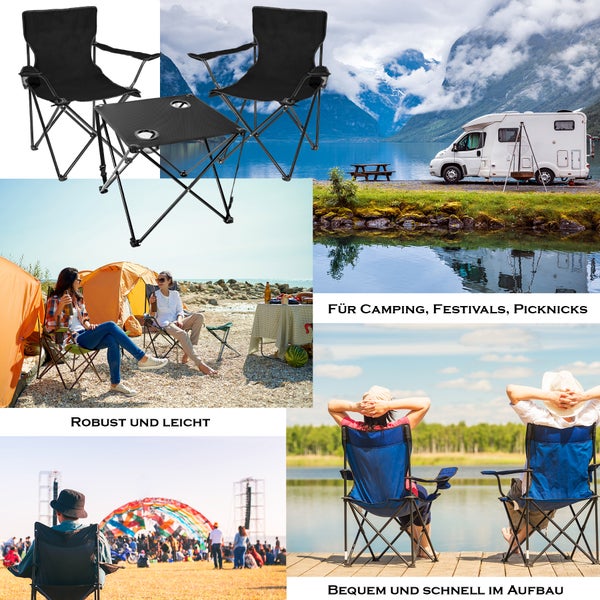 BigDean 2 Stück Campingstühle & Campingtisch faltbar – Faltstuhl in Schwarz mit Getränkehalter & Tragetasche ideal für Camping, Festival & mehr