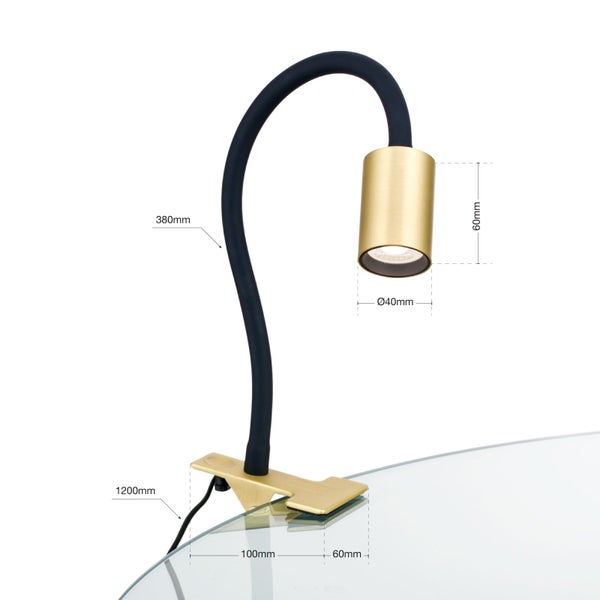 LED-Klemmleuchte mit flexiblem Arm und goldenen Akzenten zur Befestigung an Oberflächen