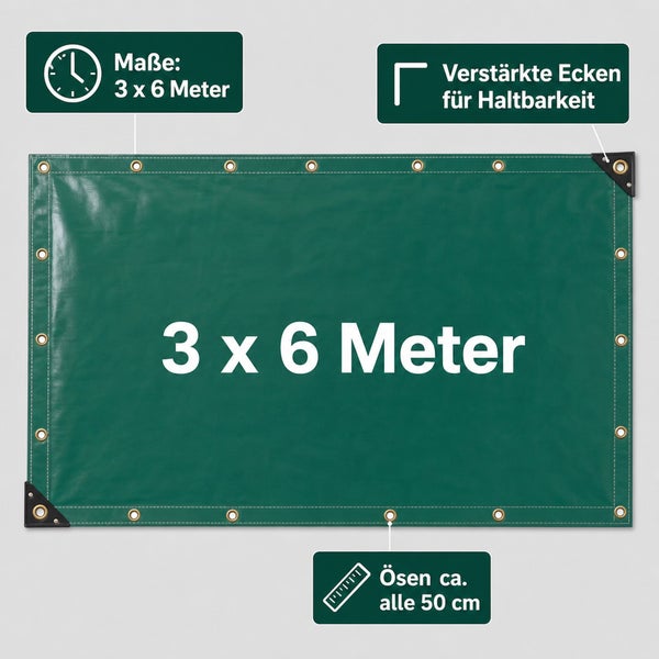 Abdeckplane mit verstärkten Ecken und Ösen alle 50 Zentimeter, Größe 3 mal 6 Meter für Schutz und Befestigung.