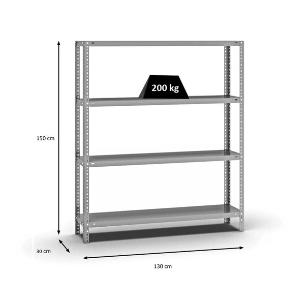 PROREGAL Fachbodenregal Schraubsystem Medium-Duty Grundregal HxBxT 150 x 130 x 30 cm 4 Ebenen Fachlast 200 kg Beidseitig Nutzbar Verzinkt
