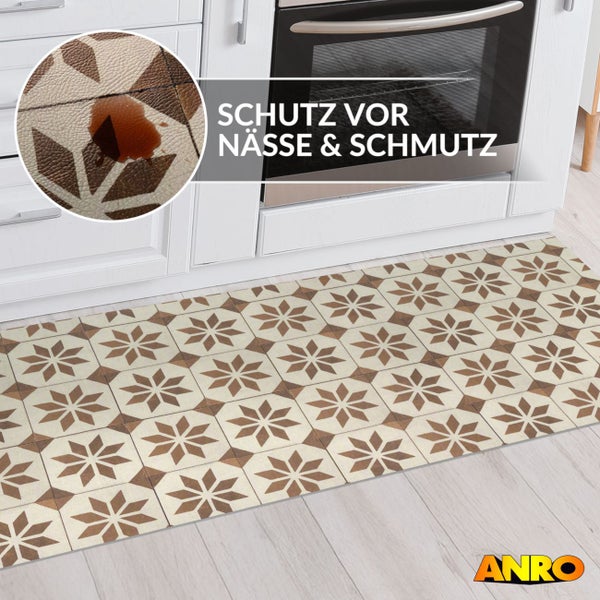 Küchenläufer mit geometrischem Muster vor einer Küchenzeile. Detailansicht zeigt Schutz vor Nässe und Schmutz. ANRO Logo.