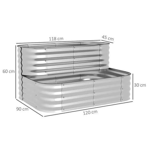 Outsunny Hochbeet Metall, 2-Stufiger Blumenkasten, Pflanzkasten, Gemüsebeet mit Schrauben, Kräuterbeet für Garten, Balkon, Silber, 118 x 45 x 30 cm