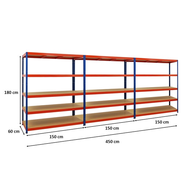 PROREGAL Mega Deal 3x Schwerlastregal Giant Elephant HxBxT 180 x 150 x 60cm Fachlast 200kg Blau-Orange
