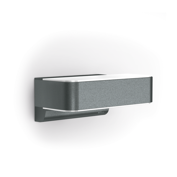 Moderne LED-Außenwandleuchte aus anthrazitfarbenem Aluminium mit rechteckiger Form und Lichtaustritt nach oben und unten. Steinel Logo.